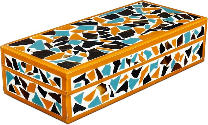 Handicrafts Home Handmade Mosaic Collection Decorative Jewelry Box Organizer – Keepsakes, Trinkets, and Home Decor – Antique Coffee Table Storage, Memory Box, Farmhouse Style Decor Gold, 10x4.5x2.5