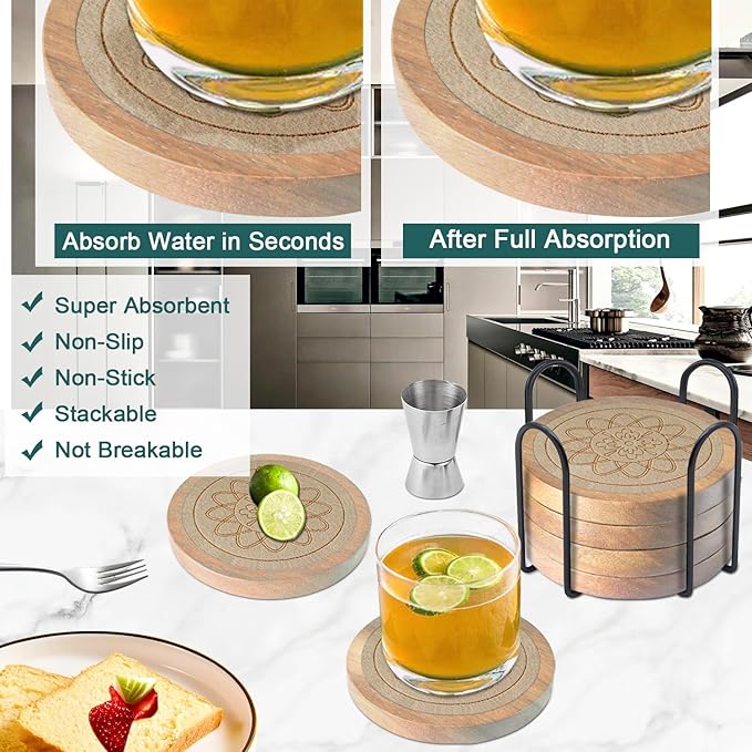 Wood Coasters for Drinks Housewarming Gifts for Home Decoration Coasters Sets of 6 Absorbent Coasters with Holder Funny Coasters for Coffee Tabletop Protection 4.3 Inch Beige, CRB6-B004
