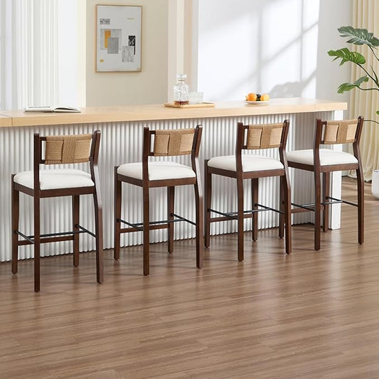 CIMOTA Rattan Counter Height Bar Stools Set of 4, 26" Boho Barstools with Woven Backs, Mid Century Walnut Wood Bar Stool Chairs Sherpa Upholstered Counter Stools for Kitchen Island/Counter/Bar,White