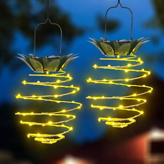 2 Pack Waterproof Solar Lanterns Outdoor, 60LED Hanging Lights with Pineapple Pattern, Solar Garden Lights Outdoor for Patio Yard Decor, Gift for Grandma Gardeners Women