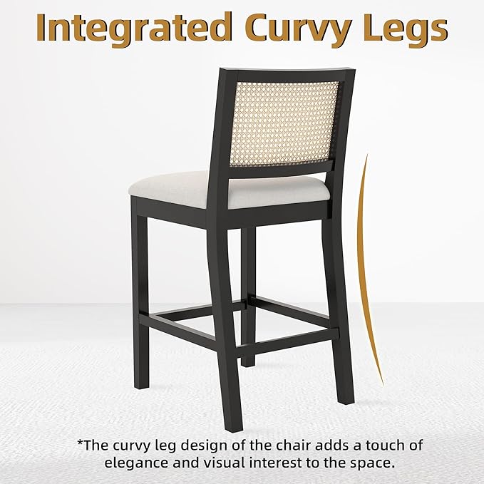 Westice Rattan Bar Stools Set of 2, 26" Farmhouse Counter Height Stools with Cane Back and Wood Frame, Upholstered Line Fabric Seat Cushion, Wooden Chairs for Kitchen Island/Pub, Black