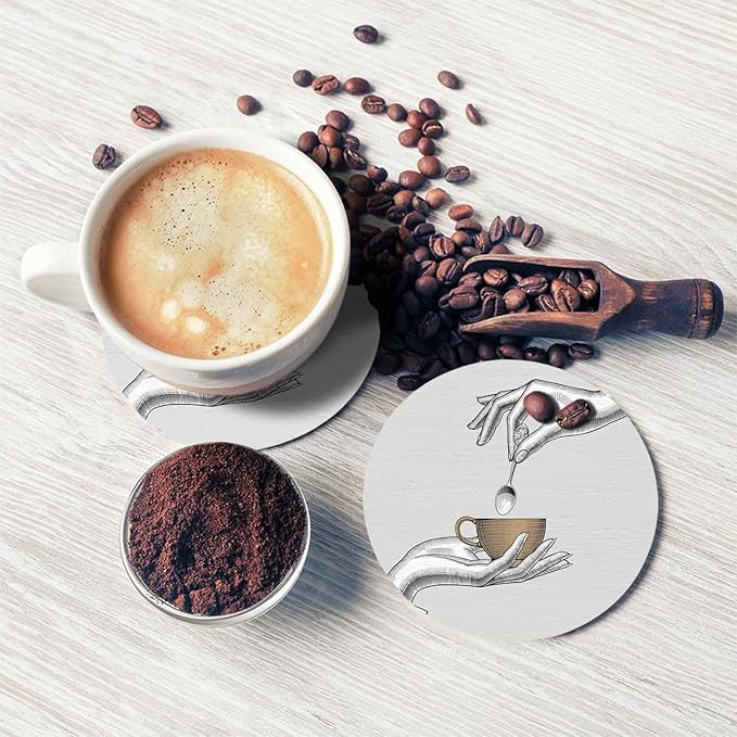 Coffee Cup and Spoon Cup Coasters for Table Vintage Teacup Pair of Hands Stylized Sketch Reusable Drink Coasters Set 2 Pcs Coffee Home Farmhouse Living Room Bar Decor