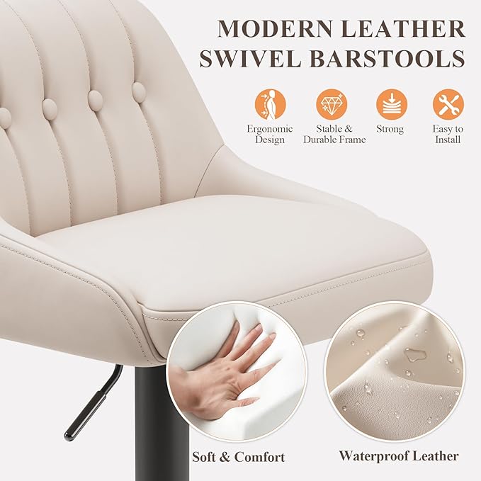 Bar Stools Set of 1, Swivel Bar Chairs, Modern Adjustable PU Leather Upholstered Barstools Counter Height with Tufted Back for Bar, Kitchen Counter Island, Dining Room, Beige