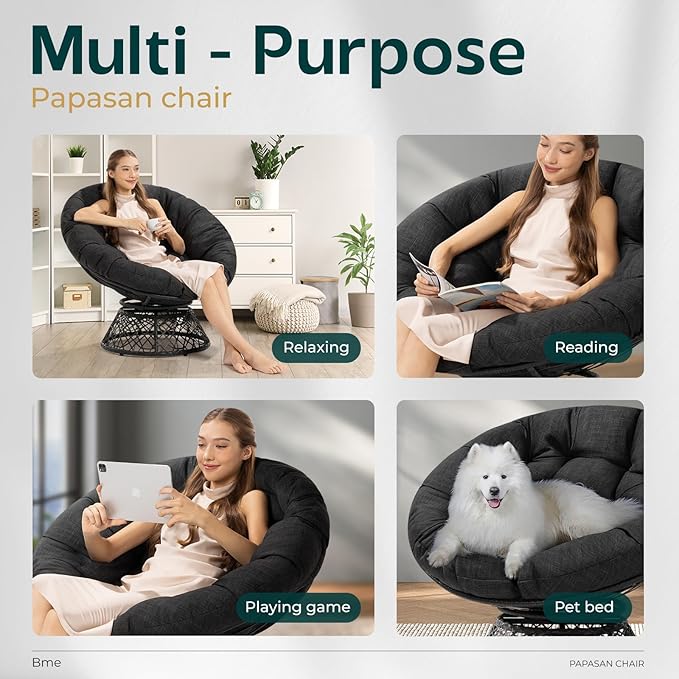 Bme 40" Ergonomic Wicker Papasan Chair with Soft Thick Cushion & Frame, 360° Swivel, Circle, Reading, Comfy Chair for Living Room, Bedroom