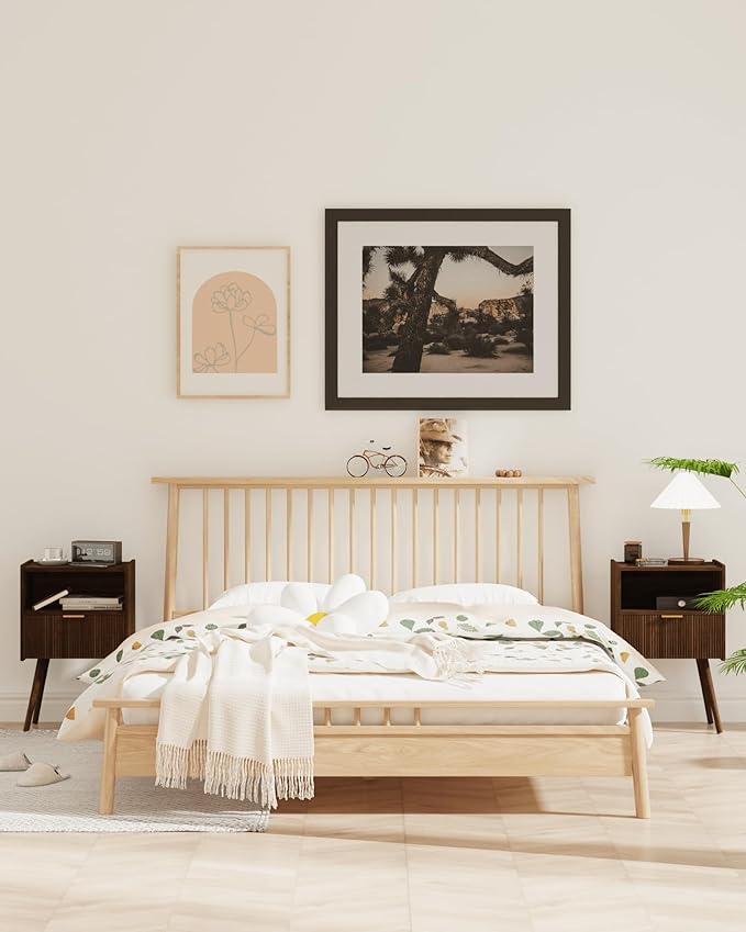 Nightstand,Modern Bedside Table with Storage Drawer and Open Wood Shelf, Accent Night Stand with Solid Wood Legs for Living Room, Bedroom and Small Spaces,Easy Assembly (Walnut Brown)