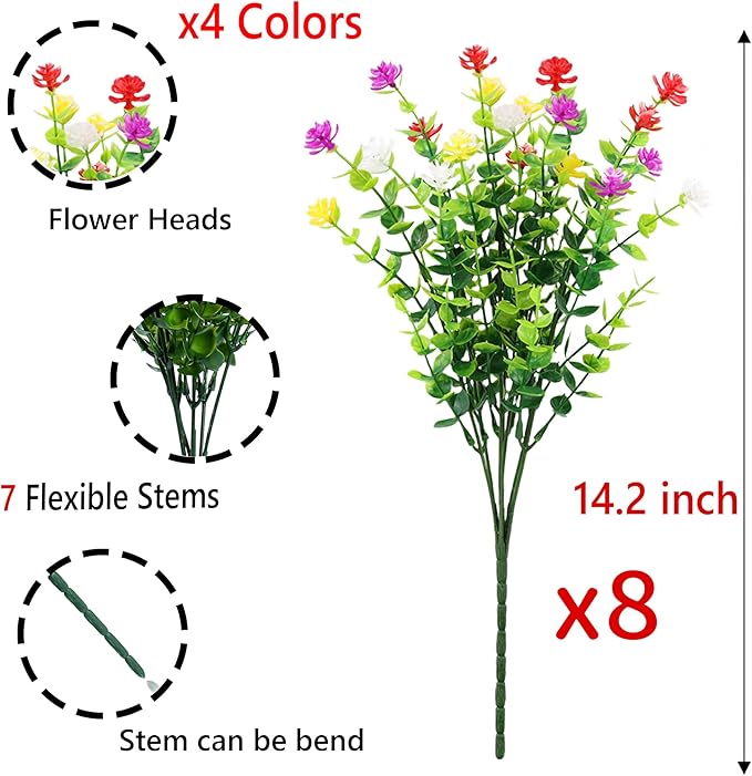 SITUMEIZI Artificial Flowers Outdoor 8 Bundles Faux Fake Plants Realistic UV Resistant for Home Porch Spring Summer Outside Window Box Decor, Mixed Colors
