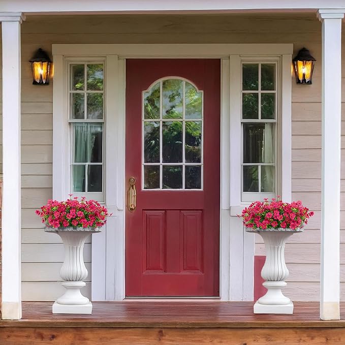 16 Bundles Artificial Flowers Outdoor Spring Summer Decoration Fake Silk Colorful Daisy Eucalyptus Realistic UV Resistant Outside Faux Plants for Garden Porch Window Box Home Decor (Rose Red)