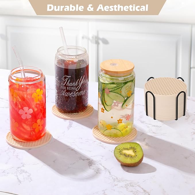 Silicone Coaster Set of 12 with Holder, Drinks Coasters, Beer & Coffee, Suitable for All Cups, Hot or Cold, Anti-Slip, Non-Stick, Anti-Overflow Tabletop Protection and Decor (12 Pcs, Tapioca)