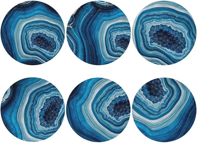 Agate Marble Blue Coasters Set of 6 Coasters for Drinks Absorbent Double-Sided Leather PVC Coaster for Tabletop Protection Coffee Table Decor Ideal for Home Decor House Warming Gifts
