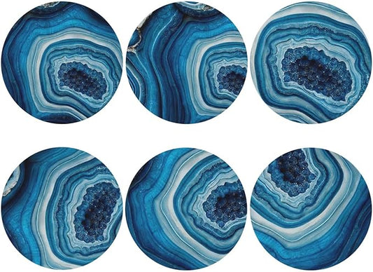 Agate Marble Blue Coasters Set of 6 Coasters for Drinks Absorbent Double-Sided Leather PVC Coaster for Tabletop Protection Coffee Table Decor Ideal for Home Decor House Warming Gifts