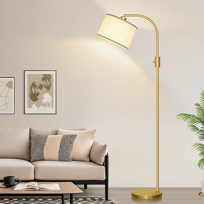 Nintiue Upgraded Modern Arc Dimmable Tall Standing Floor Lamp with Linen Shade, 1200 Lumens LED Bulb Included, for Living & Reading Room, Bedroom, Office & Nursery, Gold