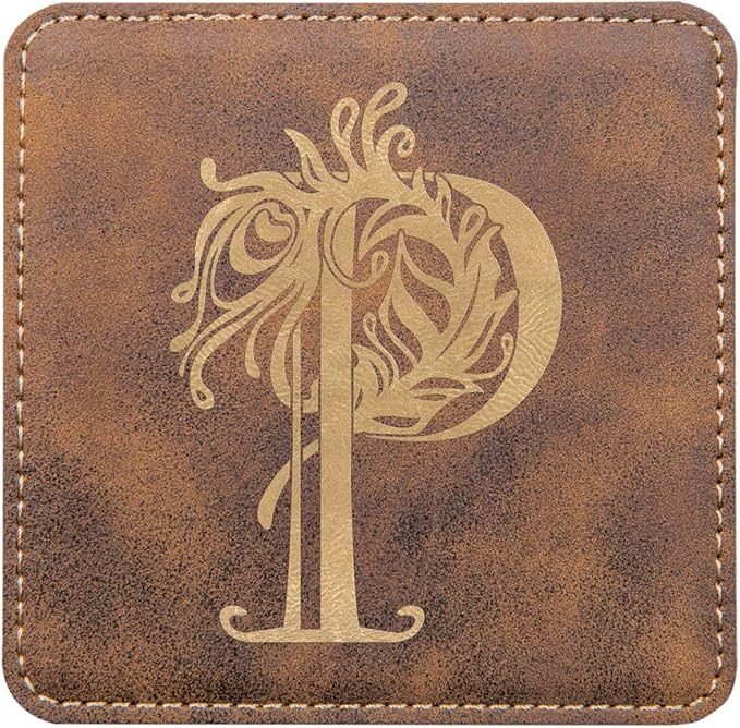 Custom Engraved Coasters | Personalized Leather Coaster | Set of 6 | Drink Coasters with Holder | Laser Engraved | Tabletop Protection | Gift for Couples (Square 4" x 4", Rustic w/Gold)