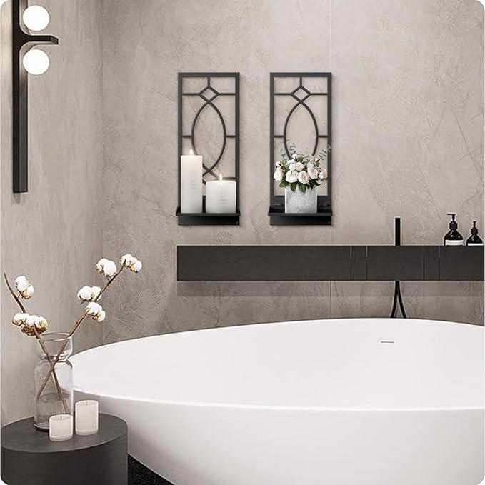 Candle Wall Sconces Set of 2, Black Metal Minimalism Wall Candle Holder for Living Room, Dining Room, Bedroom, Bathroom (2 Pack, 16.5 x 7 in)