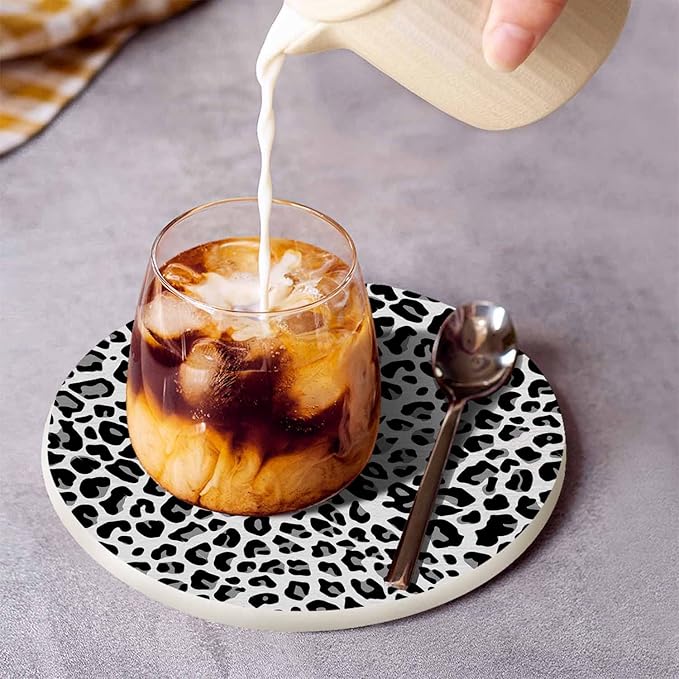 Leopard Pattern in Black and White Tones Round Coaster for Home Coffee Table Fashion Animal Decor Farmhouse Drink Coasters 100% Diatomite 4''X 4''X 0.35'' Printed Pattern