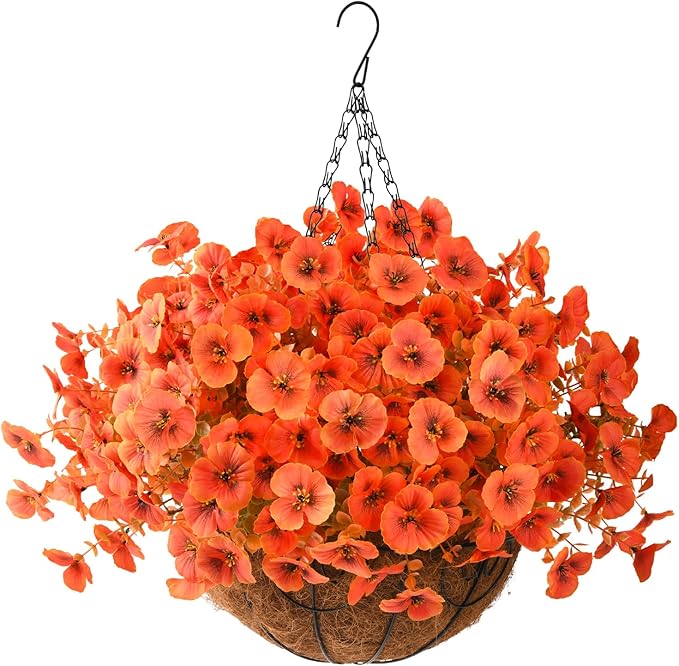 Artificial Fall Flowers for Outdoor, 12 Bundles Faux Pansy Fake Mums Flowers Plants Outdoor Fall Decor, UV Resistant No Fade Silk Flower for Autumn Porch Planter Patio Windowbox Yard Garden(Orange)