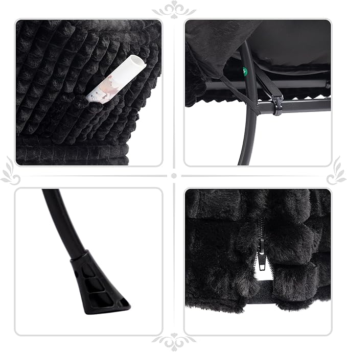 HollyHOME Fabric Lazy Chair with Foldable Ottoman, Accent Comfy Lounge Arm Chair and Folding Footrest Stool Set, Leisure Sofa Reading Chair and Footstool for Living Room, Bedroom, Dorm, Faux-Fur Black