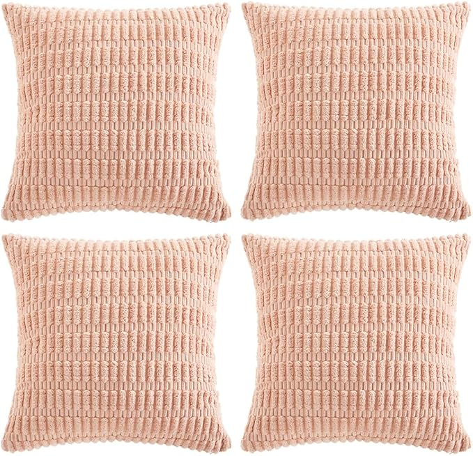 Fancy Homi 4 Packs Boho Pink Decorative Throw Pillow Covers 16x16 Inch for Living Room Couch Bed Sofa, Rustic Modern Farmhouse Home Decor, Soft Plush Corduroy Cute Square Cushion Case 40x40 cm