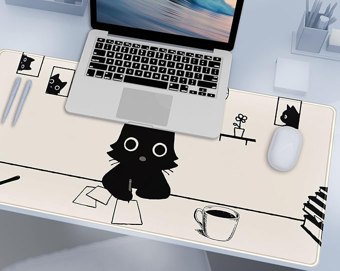 Aesthetic Beige White Anime Desk Mat Mouse Pad Cute Kawaii Minimalist Black Cartoon Cat XXL Large Extended Gaming Mousepad Desk Pad, PC Laptop Keyboard and Mouse Mat for Women Desk 31.5x15.75 in