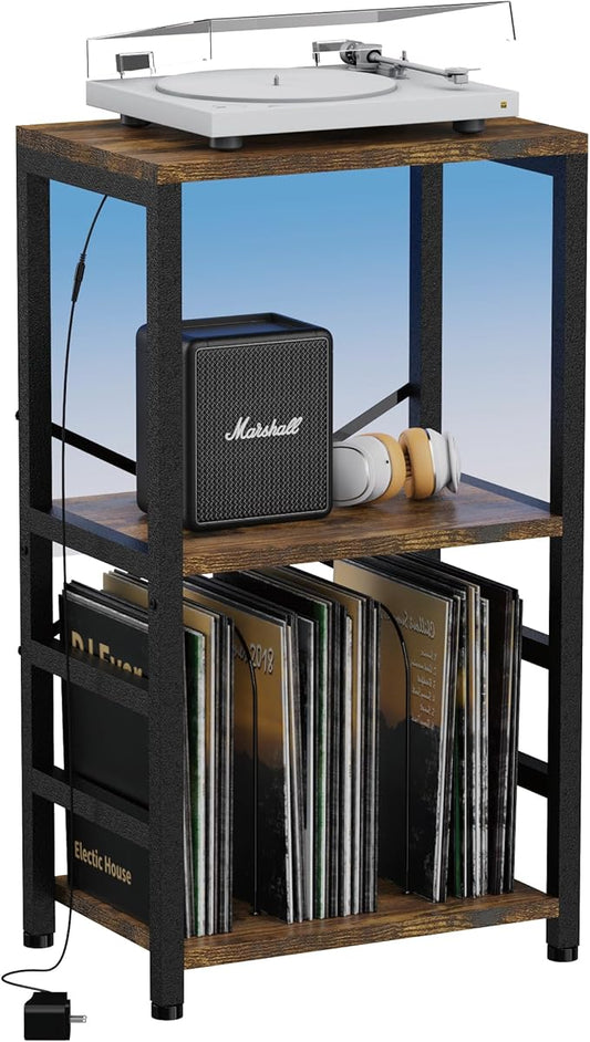 End Table with LED Light,Record Player Stand with Albums Storage,Vinyl Records Storage,Turntable Stand Side Table for Music Room Studio Living Room Bedroom-Retro