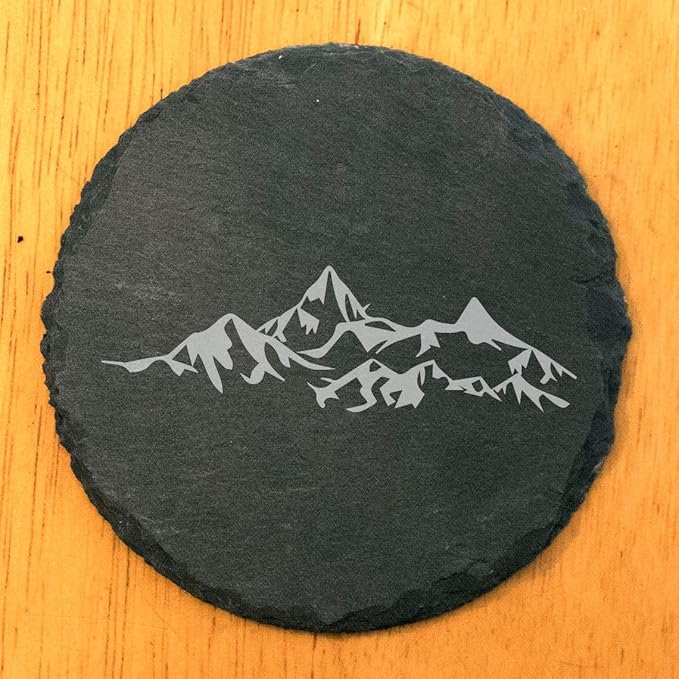 Mountain Majesty Slate Coasters with Stunning Mountain Scene Design - Perfect for Home and Office Decor and Protection of Surfaces, Available in Square or Round Coasters - Round Slate - Set of 8