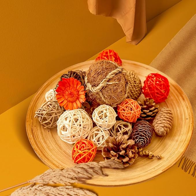 Qingbei Rina Fall Decorative Balls for Centerpiece Bowls, Assorted Wicker Rattan Balls, Autumn Bowl Vase Fillers, Decorative Orbs Woven Spheres, Thanksgiving Farmhouse Table Home Decor