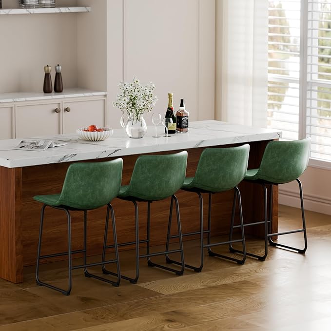 Bar Stools Set of 4, 26 Inch Counter Height Barstools with Back, Modern Faux Leather Bar Stool with Metal Legs and Footrest, Urban Armless Bar Chairs for Kitchens Island (Green)