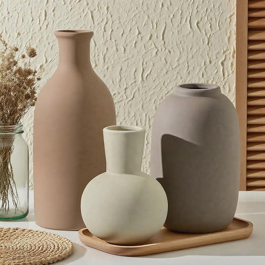 Ceramic Vase Set of 3, Vases Home Decor, Neutral Rustic Modern Farmhouse Decor, Pottery Vases for Pampas Grass Dried Fresh Flowers, Living Room Kitchen Bedroom Bathroom Entryway Mantel Shelf (Brown)