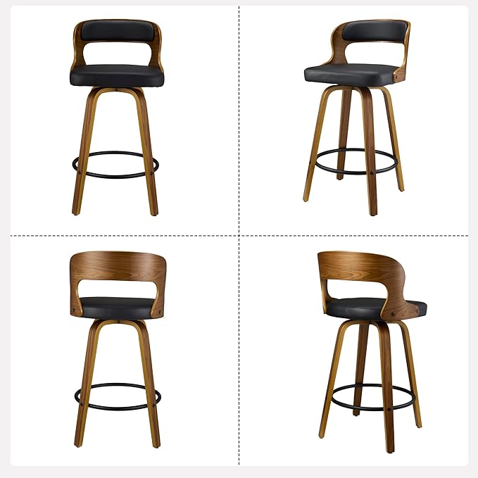 26 Inch Swivel Bar Stools, Faux Leather Mid Century Counter Height Bar Chair with Back and Arms, Modern Barstools for Home Bar, Dining Room, Kitchen Island, Black