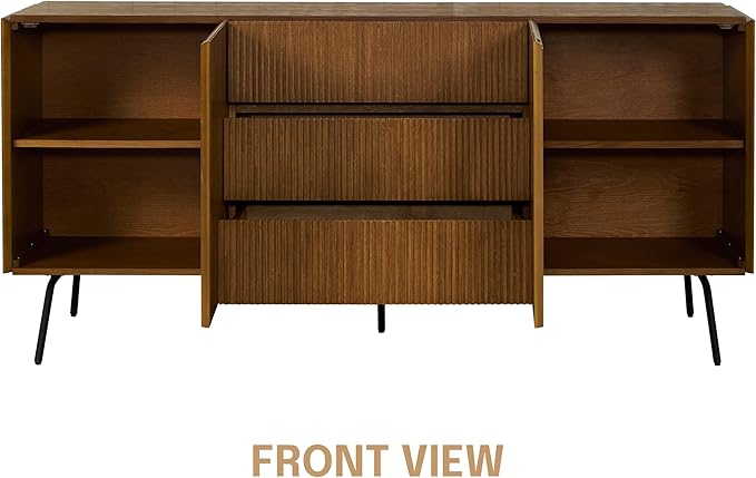 NTC Veil Sideboard with 2 Doors and 3 Drawers, Buffet Cabinet with Vertical Groove Design and Metal Legs, Storage Cabinet for Living Room, and Entryway, Effortless Assembly - Rustic Oak