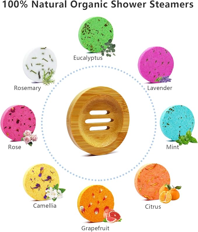 Shower Steamers Aromatherapy - 8 Pack Organic Shower Bombs with Natural Essential Oil, Self Care and Stress Relief Birthday Gifts for Women Men, Home Spa Gifts for Her Mom Wife, w/Tray