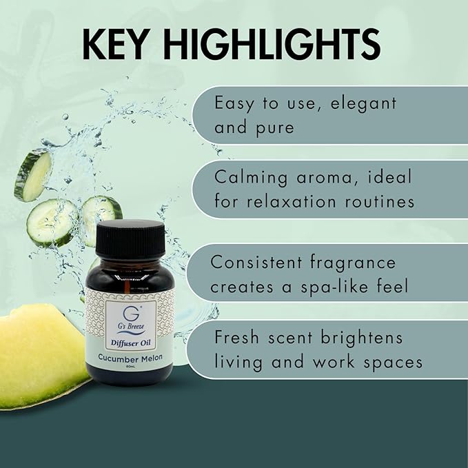 G's Breeze Cucumber Melon Diffuser Oil Refill - Refreshing, Sweet & Juicy Aroma, 48 Hour Long-Lasting Scent, Odor Eliminating Fragrance for Home & Office - 60 ML