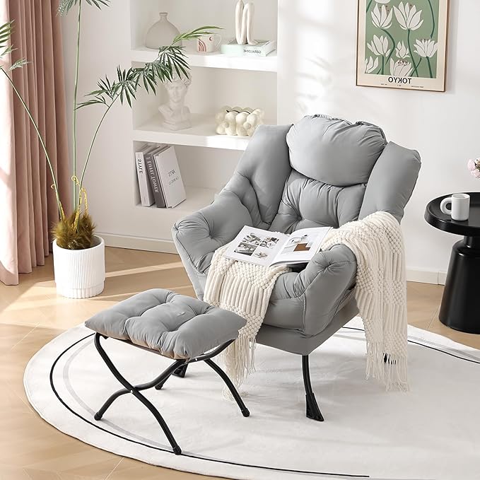 Welnow Lazy Chair with Ottoman, Modern Lounge Accent Chair with Armrests and a Side Pocket, Leisure Sofa Armchair Set, Reading Armchair with Footrest for Small Space, Light Grey