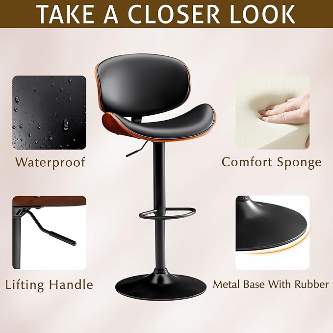 Bar Stools Set of 2 Adjustable Swivel Bentwood Barstools PU Leather Modern Bar Chairs with Back & Footrest for Bar, Kitchen Island, Dining Room (Black, Set of 2)