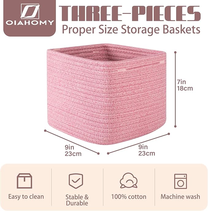 OIAHOMY 9”x9”x7” Storage Cubes, Cotton Rope Woven Baskets for Organizing, Cube Storage Bin, Small Gift Basket for Shelf, 3-Pack, Pink