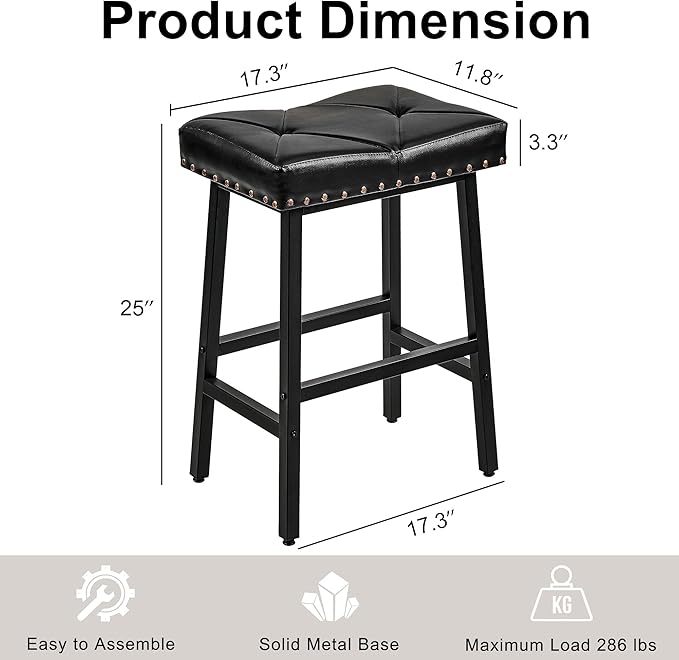 VECELO 25 inch Counter Height Stools for Kitchen Island, 3.3'' Thick PU Upholstered Saddle Seats, Backless Bar Chairs with Metal Base, Black