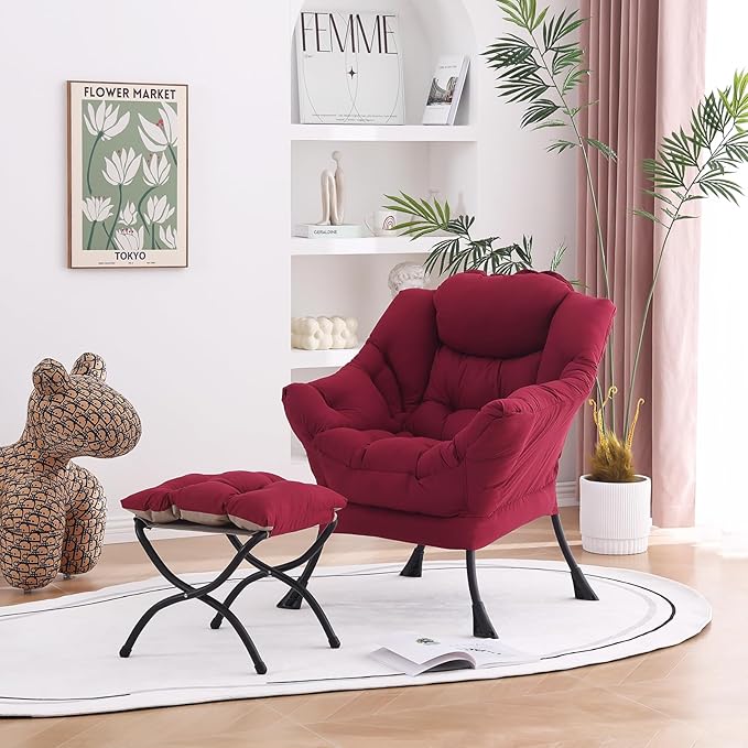 Welnow Lazy Chair with Ottoman, Modern Lounge Accent Chair with Armrests and a Side Pocket, Leisure Sofa Armchair, Reading Armchair with Footrest for Small Space, Burgundy