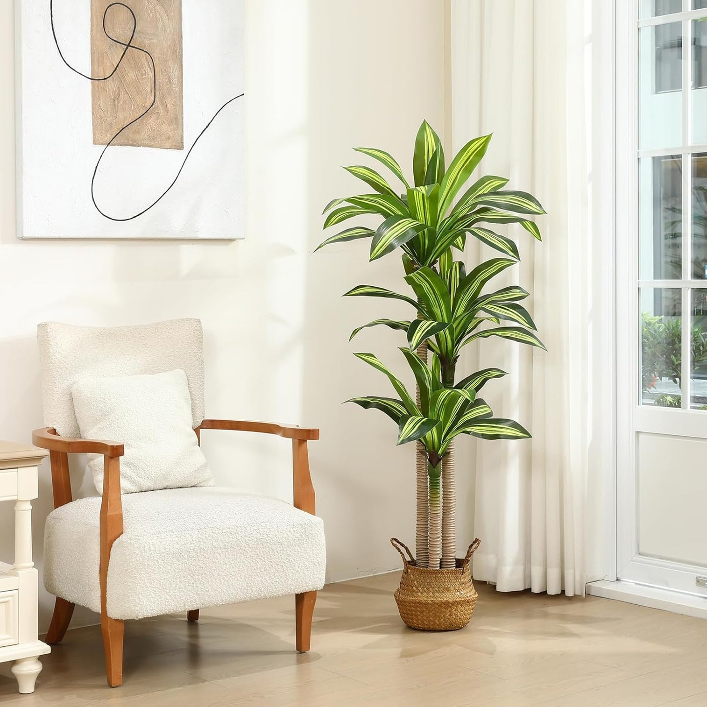 Artificial Plants, 5 Ft Dracaena Tree Faux Plants Indoor Outdoor Decor Fake Tree with Woven Seagrass Basket Plants for Home Decor Office Living Room Porch Patio Housewarming