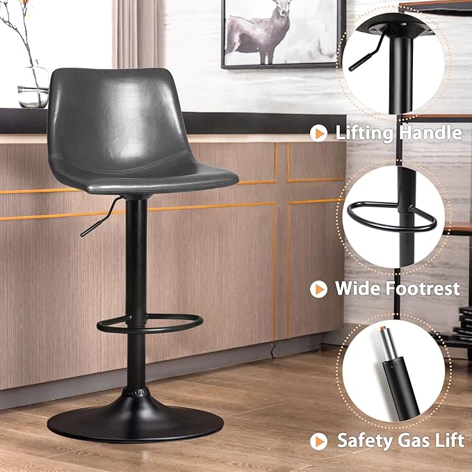 LEMBERI Bar Stools Set of 4 Modern Swivel Bar Chairs, Barstools Counter Height with Backrest, Adjustable Faux Leather Upholstered Bar Stool for Kitchen Island, Grey