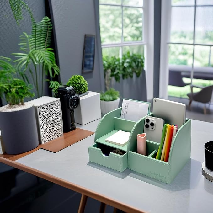 UnionBasic Desk Organizer - Multifunctional Leather Desktop Pen Holder Storage Box - Business Card/Pen/Pencil/Mobile Phone/Stationery Holder, Mint Green
