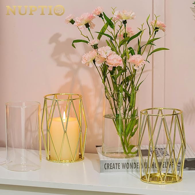 Nuptio Candle Holders for Pillar Candles - Geometric Candleholders Gold Flower Vase with Hurricane Cylinder Glass Dual Uses for Wedding Birthday Party Table Living Room Centerpieces