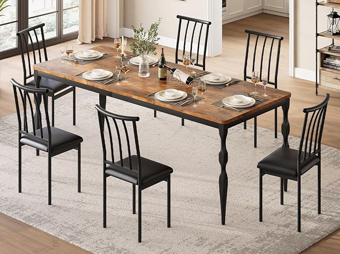 Rectangular Dining Table for 6, 71 Inch Rustic Farmhouse Kitchen Table with Large Tabletop, Long Wooden Dining Room Table with Heavy Duty Legs, Dinette and Dinner Desk for Party, Big Family, Brown