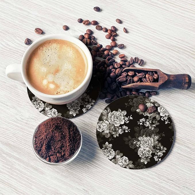 Watercolor Black Flowers Cup Coasters Set of 2 Elegance Botanical Flower Pattern Grey Rose Bouquet Wooden Table Apartment Decor 100% Diatomite for Drinking Glasses,4 Inches