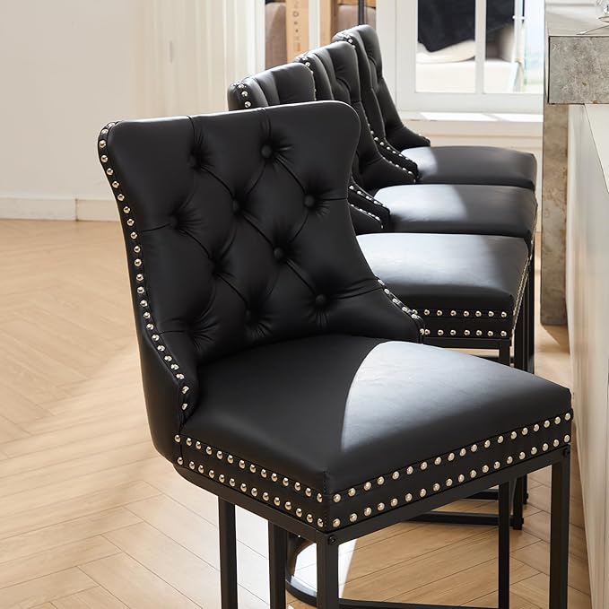 Counter Height Bar Stools Set of 2, 24" Modern Barstools with Back, Faux Leather Upholstery Counter Chairs with Metal Legs for Kitchen Island, Bar, Counter, Black