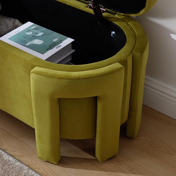 Modern Velvet Ottoman with Storage Entryway Bench for Living Room Comfy Upholstered End of Bed Bench with Safty Hinge for Bedroom/Living Room/Lounge/Corner, Olive