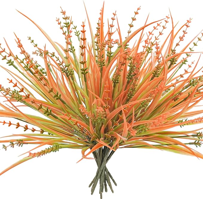 10 Pcs Fall Flowers, UV Resistant Artificial Fall Plants Outdoor Plastic Fake Fall Flowers Faux Monkey Grass Shrubs Bushes for Indoor Outside Planters Porch Window Box Home Decor