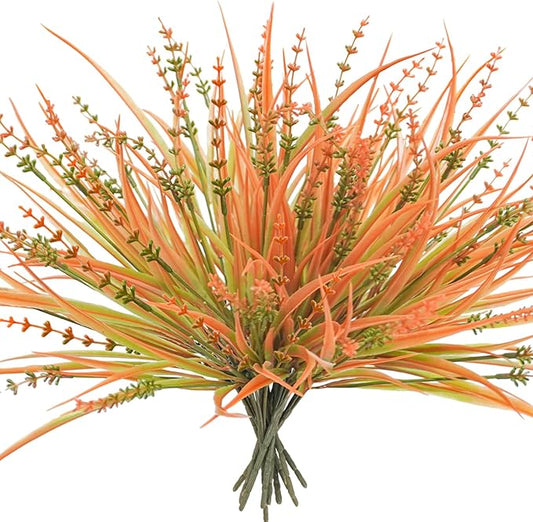 10 Pcs Fall Flowers, UV Resistant Artificial Fall Plants Outdoor Plastic Fake Fall Flowers Faux Monkey Grass Shrubs Bushes for Indoor Outside Planters Porch Window Box Home Decor