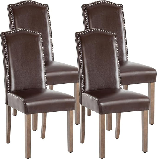 Stylish Upholstered Parsons Dining Chair PU Faux Leather with Silver Nailhead Trim and Sturdy Solid Wood Legs