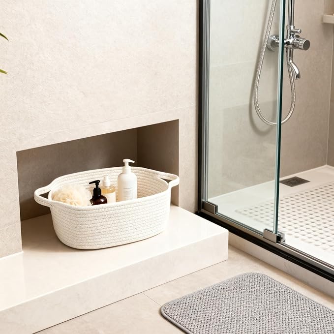 BOMINICA Cotton Rope Storage Basket with Handles, Natural Woven Basket, Decorative Rectangle Organizer Bin for Home, Nursery, Montessori, Pet Toy Storage and Bathroom Organization, White