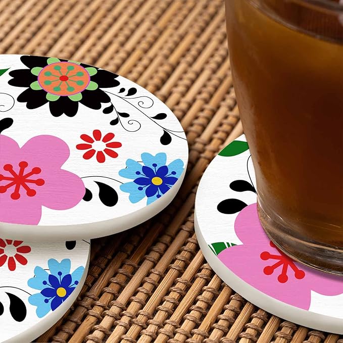 Colorful Flowers Coasters for Drinks Office Coffee Table Beautiful Cartoon Spring Botanical Floral Bloom Living Room Decor Set of 2 for Cold Drinks Wine Mugs and Cups 4 Inch