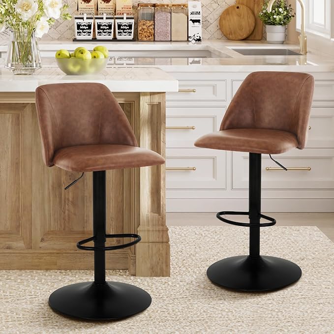 COLAMY Bar Stools Set of 4, Modern Swivel Bar Chairs, Adjustable PU Leather Upholstered Barstools Counter Height with Full Backrest for Bar, Dining Room, Kitchen Island, Brown